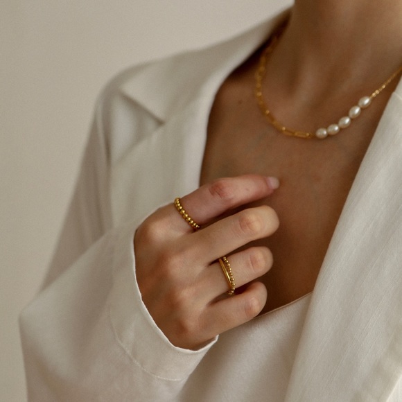 18K Gold Plated Titanium Double Beaded Band Ring - Picture 3 of 8